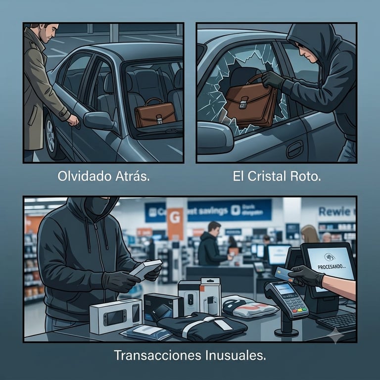 Infographic showing three car theft and fraud scenarios: forgotten items in car, broken car window theft, and suspicious retail transactions
