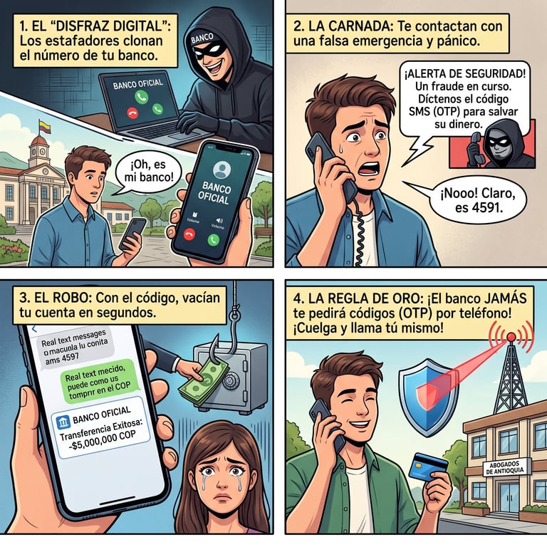 Infografía con las cuatro estafas bancarias más comunes en español: fraude digital, llamadas falsas de emergencia, robo por SMS y la regla de oro de nunca compartir los códigos del banco