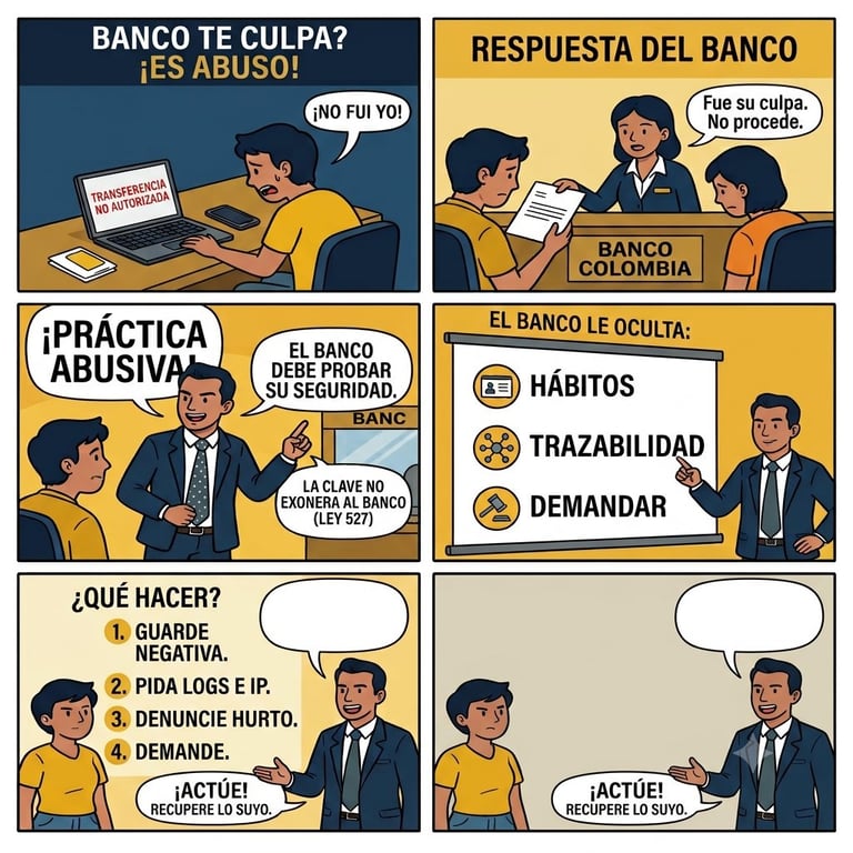 Spanish language comic strip about banking abuse with illustrated panels showing a customer and bank representative discussing complaints and recommended actions