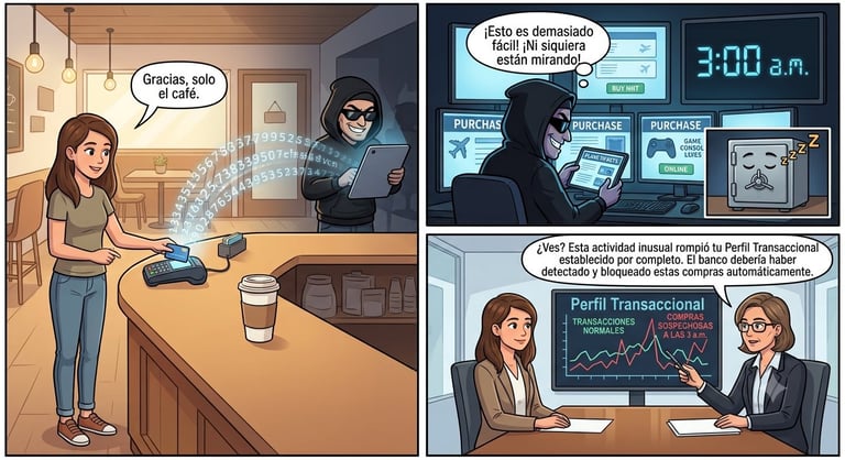 Comic-style illustration showing identity theft scenario with woman at counter, masked hacker at window, and business meeting discussing transactional profile data