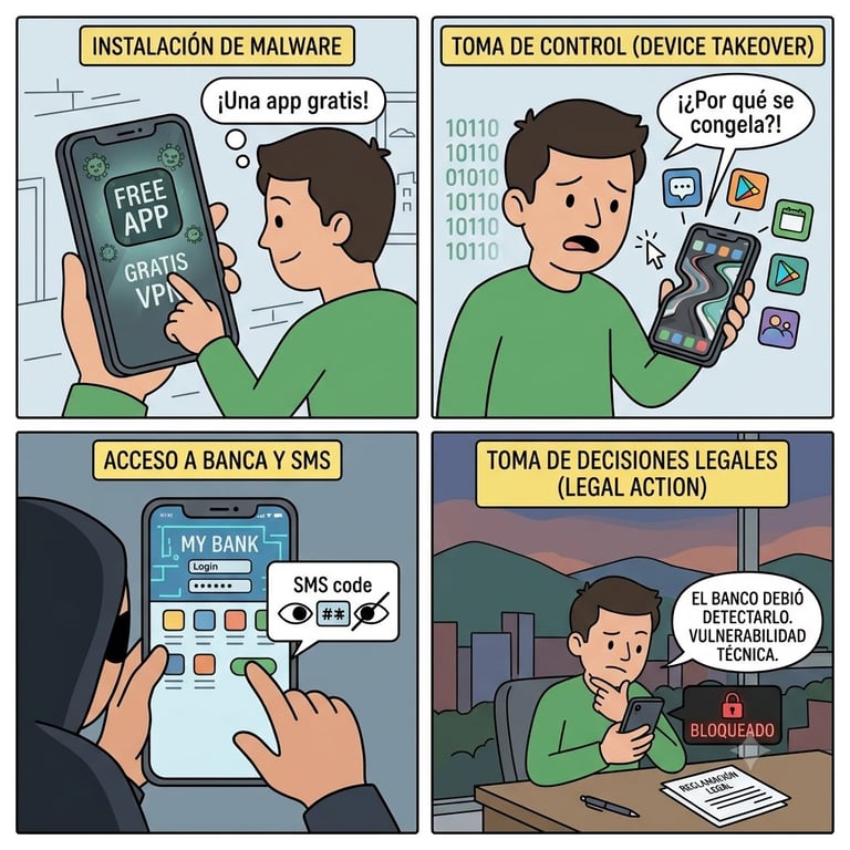 Comic strip showing four smartphone security threats: malware installation, device takeover, banking and SMS access, and legal action consequences